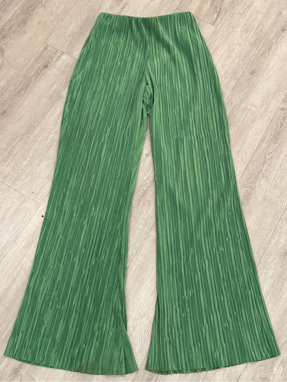 Zara Pleated Wide Leg Palazzo Pants Green Textured Elastic Waist Size M